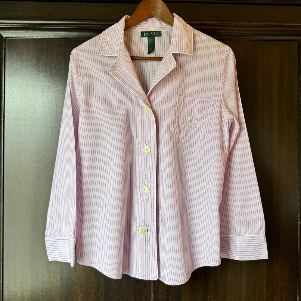 Laurenโ Ralph Lauren Pajama Top Cotton Lavender Striped Monogram M Preppy Button